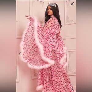 Pink Heart Patterned Sheer Robe with Feather Trim